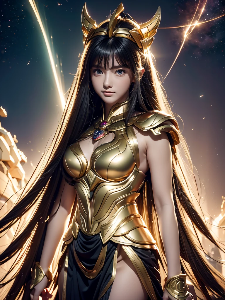 Saint Seiya,Gold armor,cinematic lighitnglamplight,Realistic,highly detailed,bright, kosmos, Starcloud, detailed, hyper realisitc, clean background trending, bright background, The attention to detail,8k --niji 5 --stylistic expressiveness --s 400