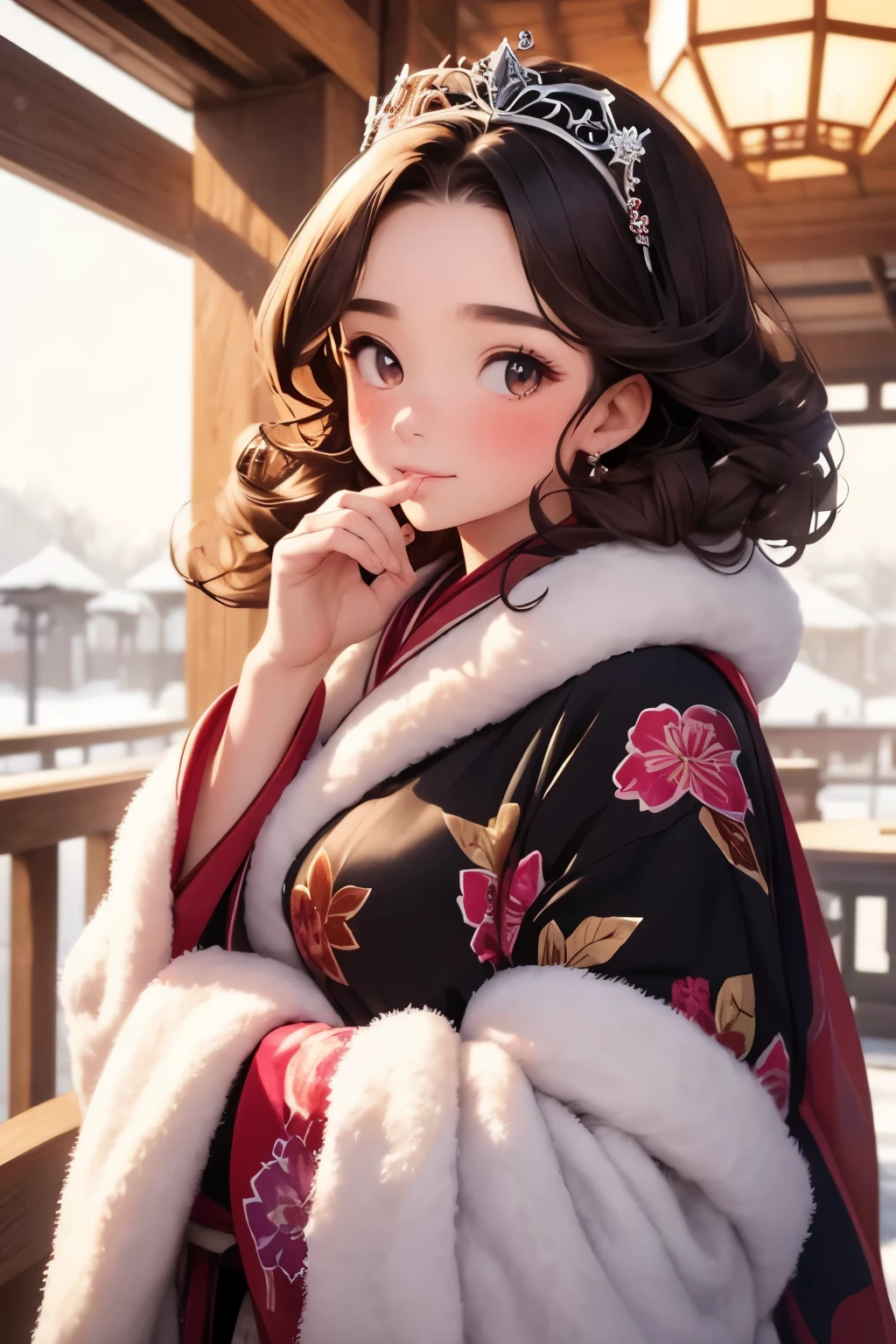  masterpiece， top quality,       girl ,  young     girl ， cute ,       brunette      ,  Curly Hair, evil        girl ,      beautiful kimono  ，      warm scarf    ，    tiara      ，     Your face looks like it emphasizes gentle warm colors   ，      bright color，       characters ，winter，winterの雪景色，  White Breath，I want to eat meat buns ！