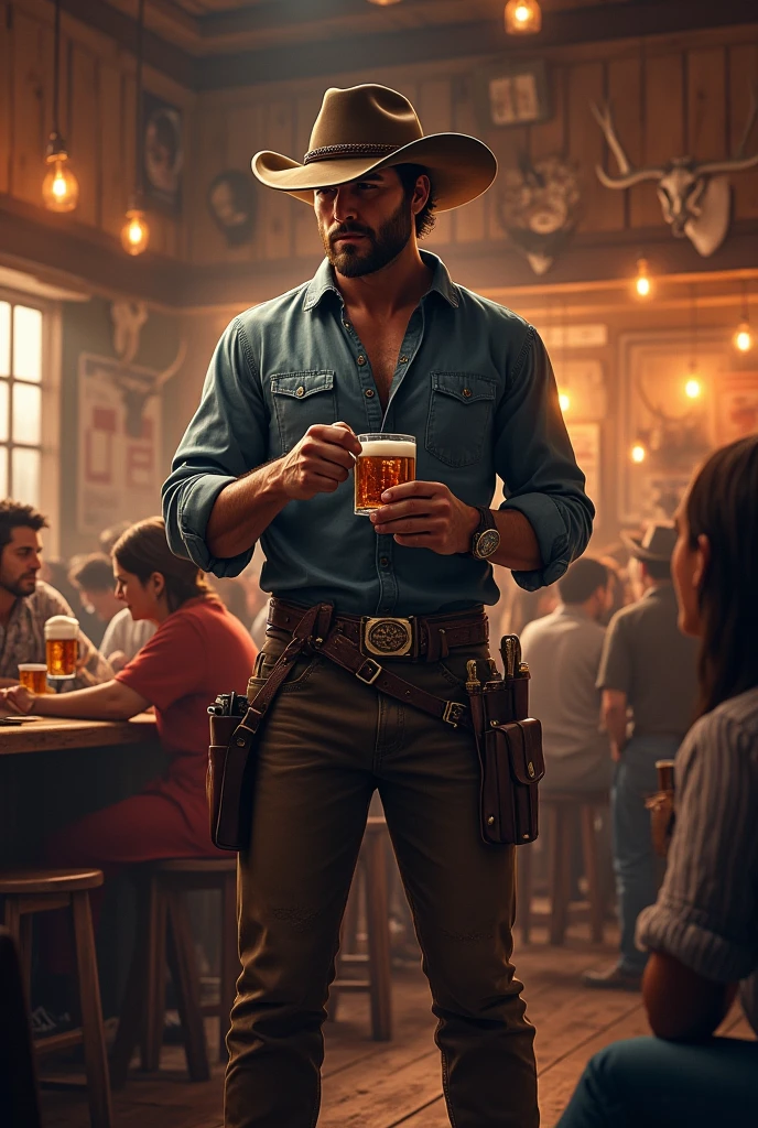 A cowboy in the old west sitting in a chair at the edge of a table drinking a whiskey with a hat and old west clothes next to other people with a man serving drinks at a counter in front of shelves with bottles of drinks