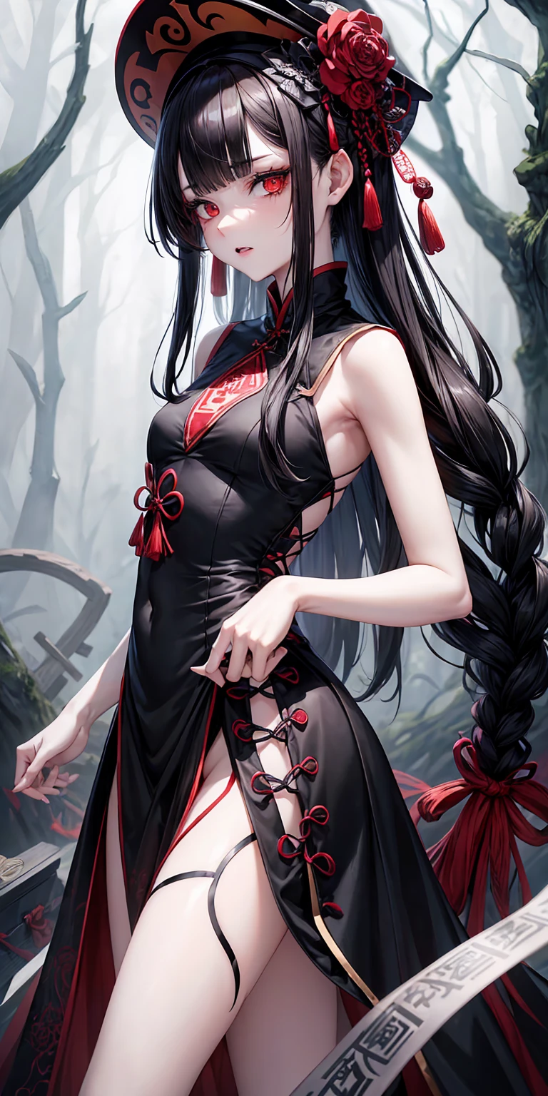 top-quality、tmasterpiece、Very high resolution、super high image quality、High-quality pixels)、perfect eyes, perfect face, perfect body figure,solo,8K, large breast,(Detailed description of hair), (Detailed description of face),(Detailed description of body), fair and clear skin, matchless beauty, long legged, dark blue hair details expressed, (detailed red eye: 1.3), red cheongsam, cool look, higan bana, age 35