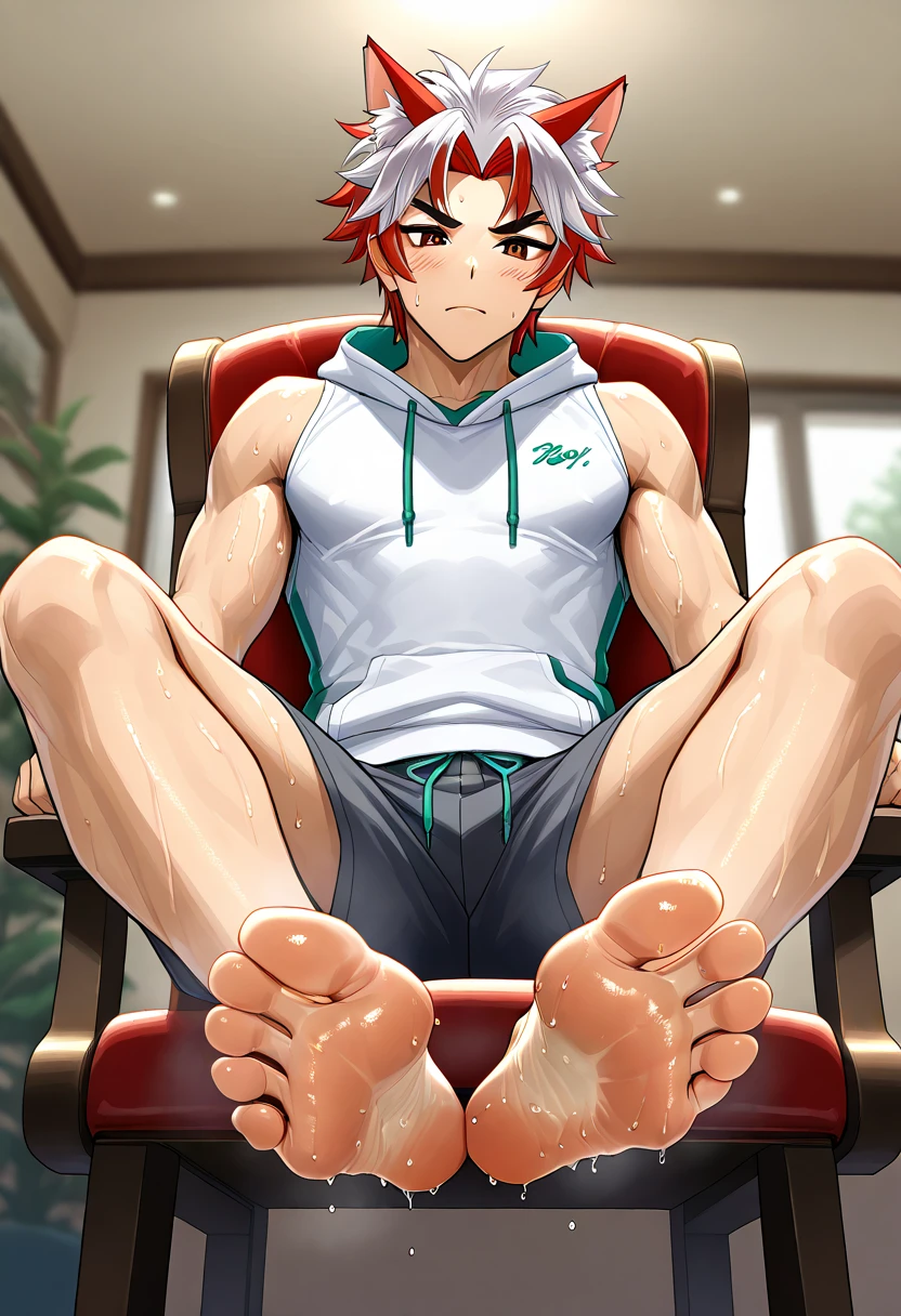 Aratakki Itto Boy feet scrunching his sweaty soles sitting on chair