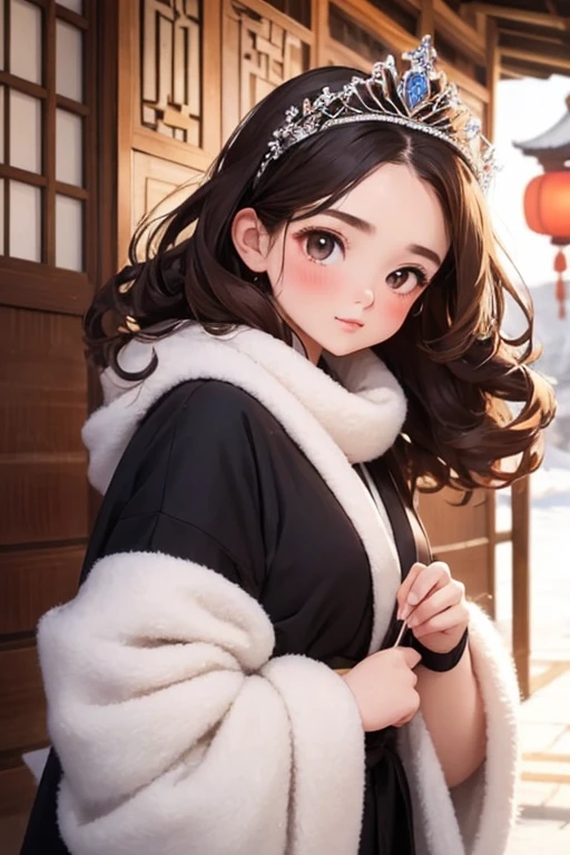  masterpiece， top quality,       girl ,  young     girl ， cute ,       brunette      ,  Curly Hair, evil        girl ,      beautiful kimono  ，      warm scarf    ，    tiara      ，     Your face looks like it emphasizes gentle warm colors   ，      bright color，       characters ，winter，winterの雪景色，  White Breath，I want to eat Chinese meat buns！