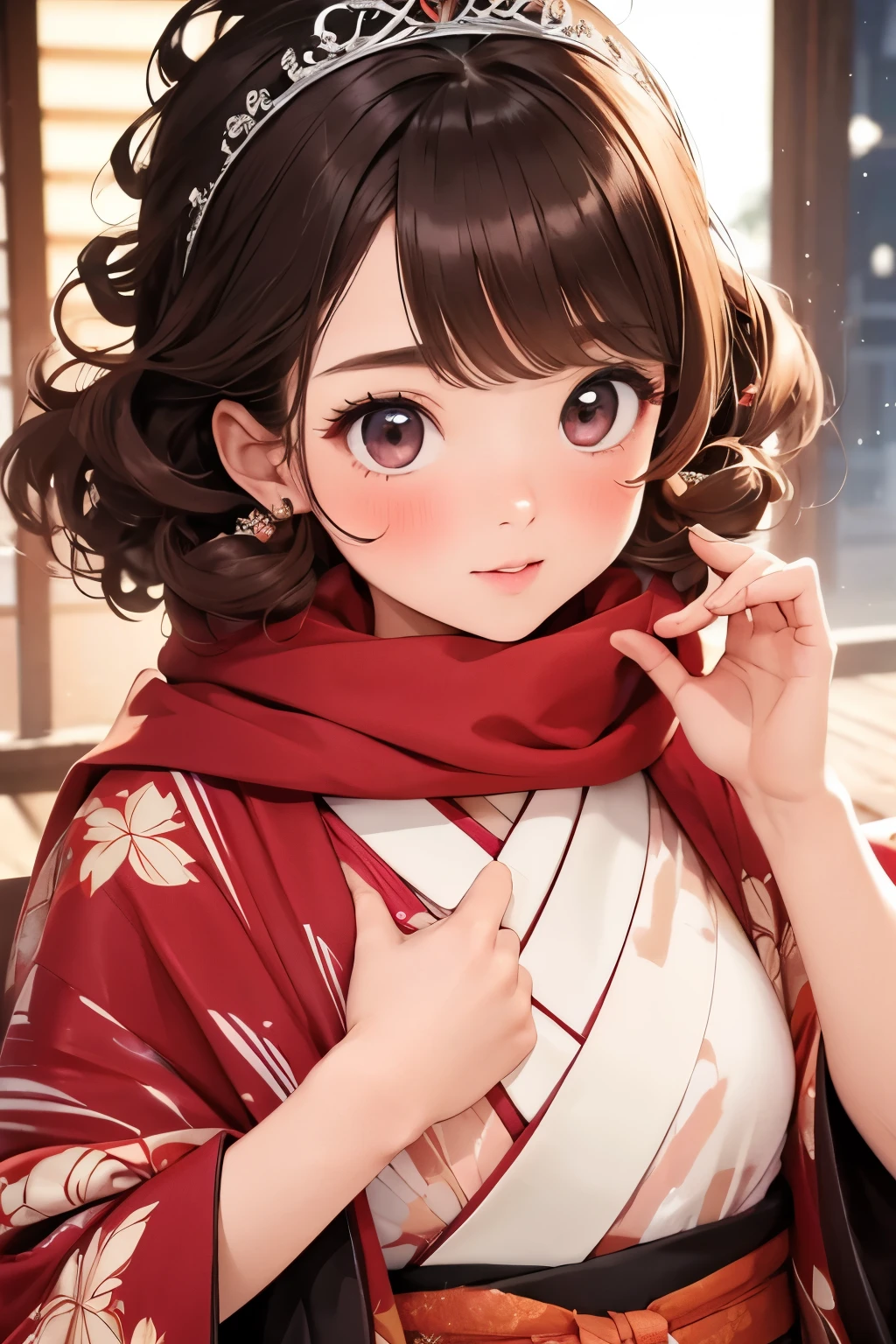  masterpiece， top quality,       girl ,  young     girl ， cute ,       brunette      ,  Curly Hair, evil        girl ,      beautiful kimono  ，      warm scarf    ，    tiara      ，     Your face looks like it emphasizes gentle warm colors   ，      bright color，       characters ，winter，winterの雪景色，  White Breath，I want to eat red bean paste ！