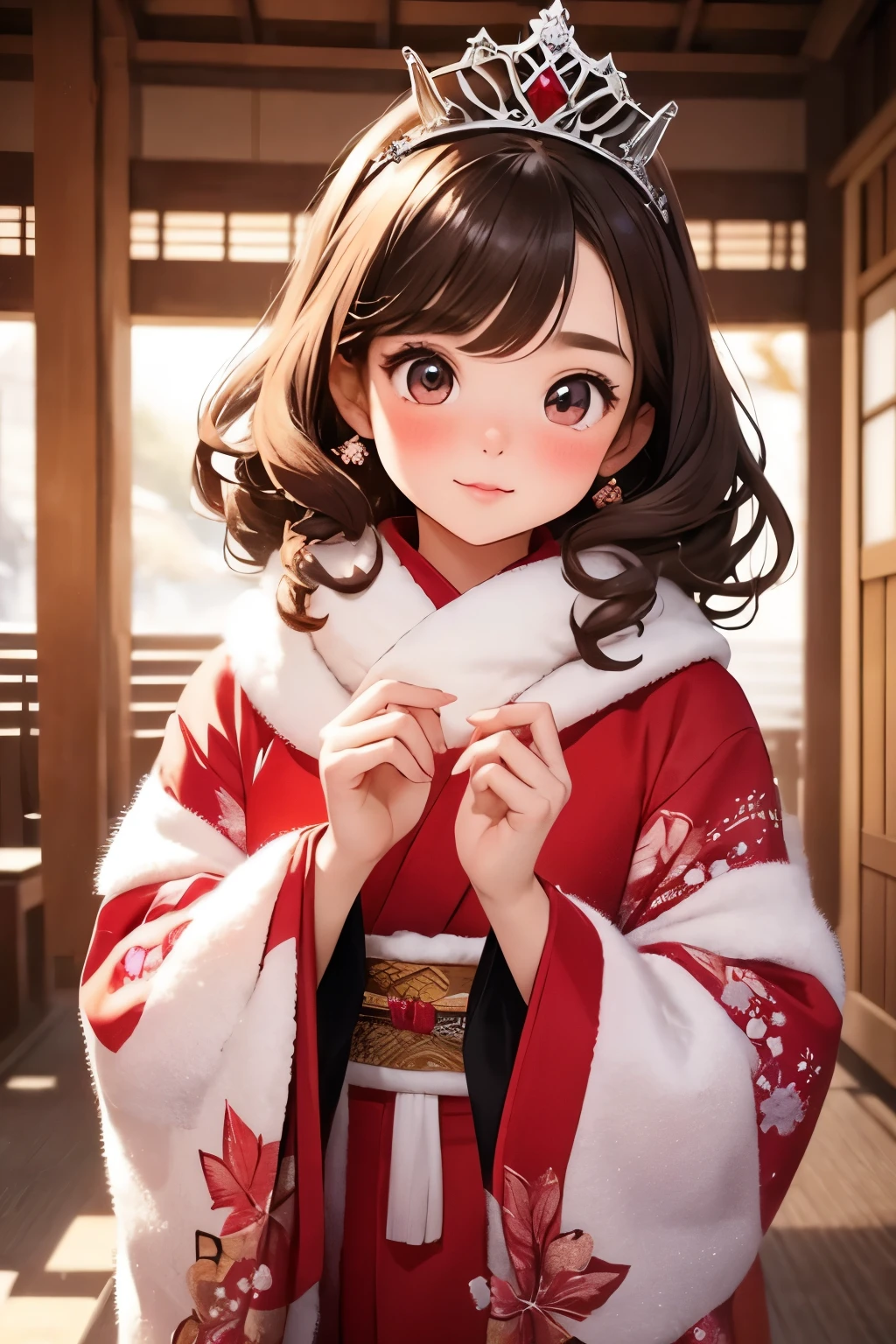  masterpiece， top quality,       girl ,  young     girl ， cute ,       brunette      ,  Curly Hair, evil        girl ,      beautiful kimono  ，      warm scarf    ，    tiara      ，     Your face looks like it emphasizes gentle warm colors   ，      bright color，       characters ，winter，winterの雪景色，  White Breath，I want to eat red bean paste ！