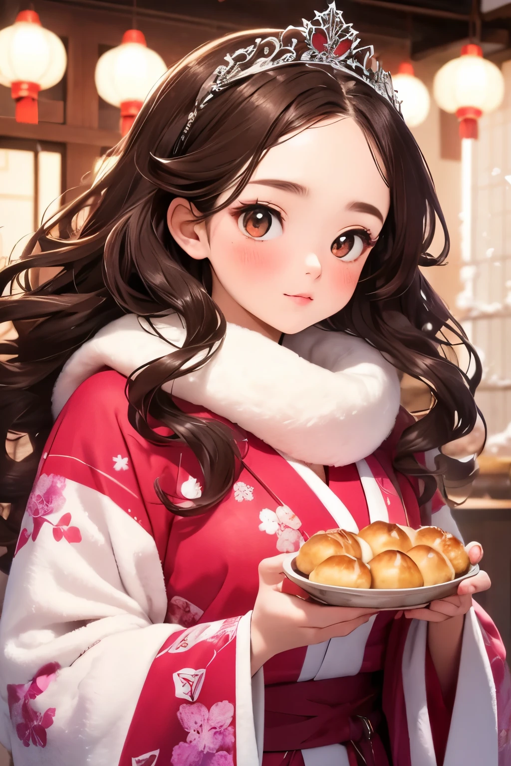  masterpiece， top quality,       girl ,  young     girl ， cute ,       brunette      ,  Curly Hair, evil        girl ,      beautiful kimono  ，      warm scarf    ，    tiara      ，     Your face looks like it emphasizes gentle warm colors   ，      bright color，       characters ，winter，winterの雪景色，  White Breath，I want to eat Chinese meat buns！