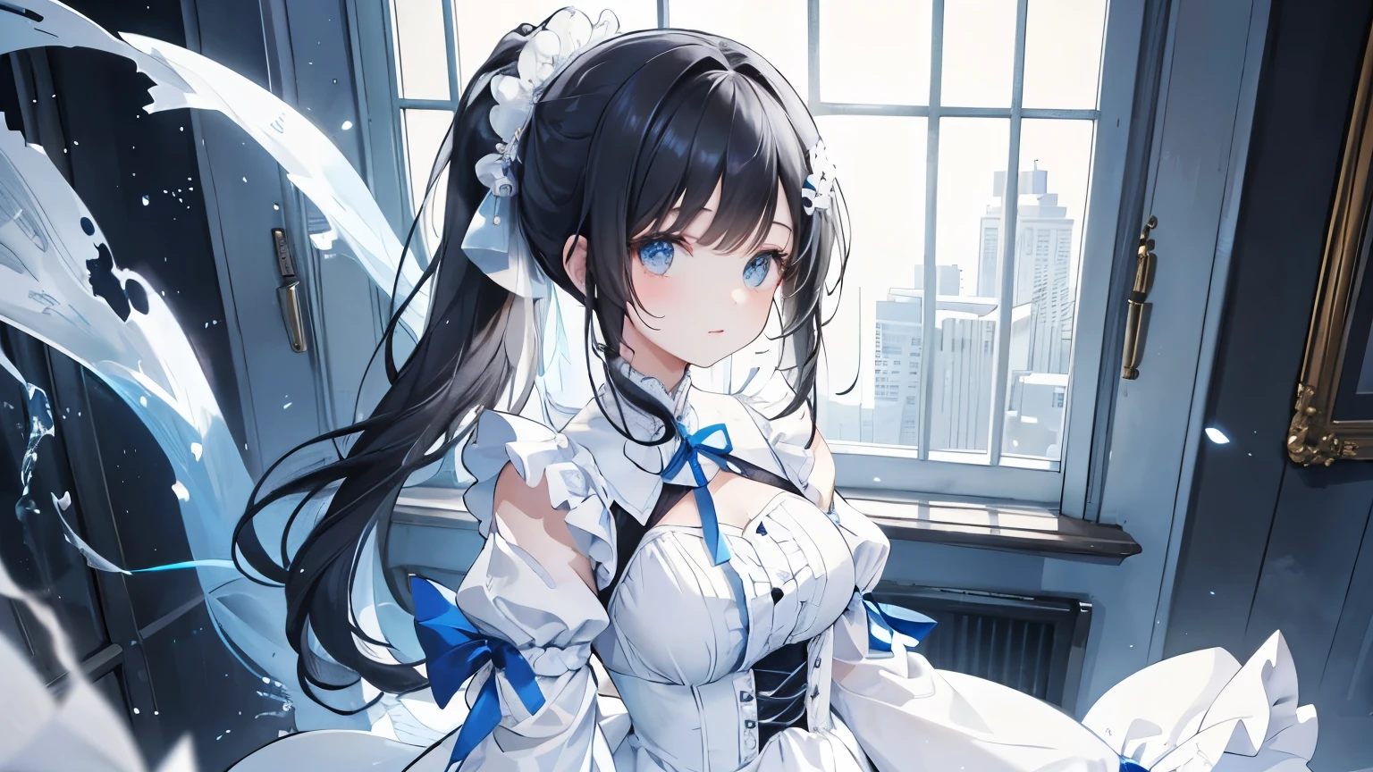 Beautiful woman wearing a light blue and white long sleeve puff sleeve dress with lots of ruffles　Black hair ponytail with hair ornament　 upper body