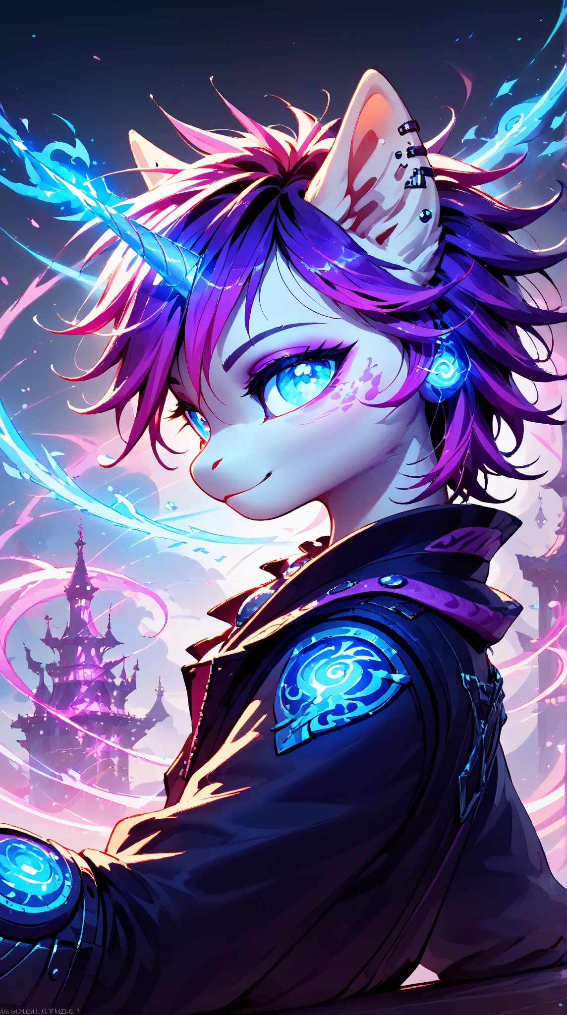 (score_9,score_8_up,score_7_up,score_6_up,score_5_up,score_4_up) black and pink punk pony, glowing, whimsical, enchanted, magical, fantasy art concept, intricate details,