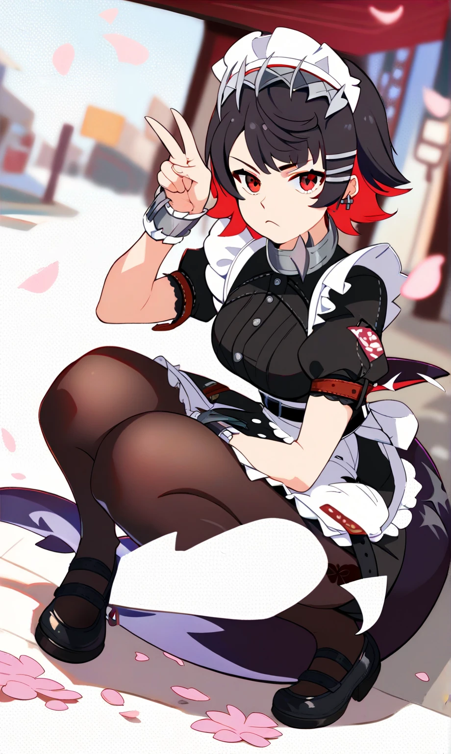 (anime art style:0.5), 2d, masterpiece, best quality, very aesthetic, absurdres, dynamic shadows, atmosferic, ellen_joe, genshin impact, (1girl), (solo), (black hair), short hair, red locks, red eyes, detailed eyes, mole under eye, hair between eyes, bangs, medium breasts, curvy body, makeup, (one tail), fish tail, black pantyhose, pantyhose rhombus pattern, spiked choker, spiked bracelet, spiked headress, x hair ornament, ear piercing, red nail polish, maid, maid headress, white apron, black dress, puffy short sleeves, frilled wristband, covered collarbone, black high heels, parted skirt, black panties, (sexy smile), (cowboy shot), ((holding own fish tail)), (tail on ches), (squatting), (spread legs), looking at viewer, (white background), (simple background)