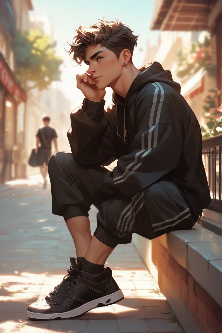 A boy，brunette ， black clothes，sneakers