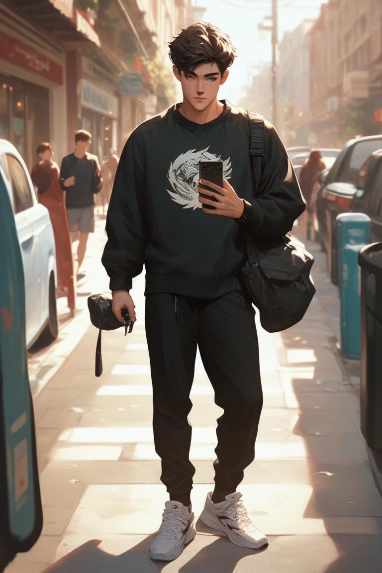 A standing boy，brunette ， black clothes，sneakers，Holding a mobile phone