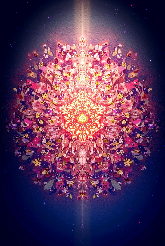 Round mandala, circle in the middle, five main circles consisting of petals, ovals, small petals, multi-point filling of empty spaces, colors lilac, pink, dark pink, dark chocolate