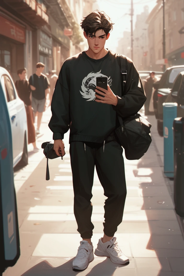 A standing boy，brunette ， black clothes，White sneakers， looking at the phone 