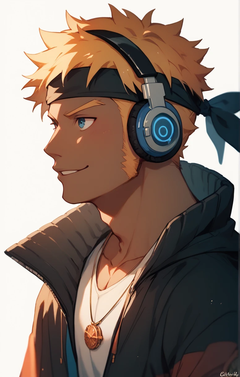 # **Prompt:** # “A chibi-style male character with dark skin, wearing a gorilla-themed hoodie in orange and black as the main colors. The character has a bandana on his head, headphones around his neck, and stands against a plain white background. The overall design emphasizes a fun and dynamic aesthetic with small proportions and expressive features.”