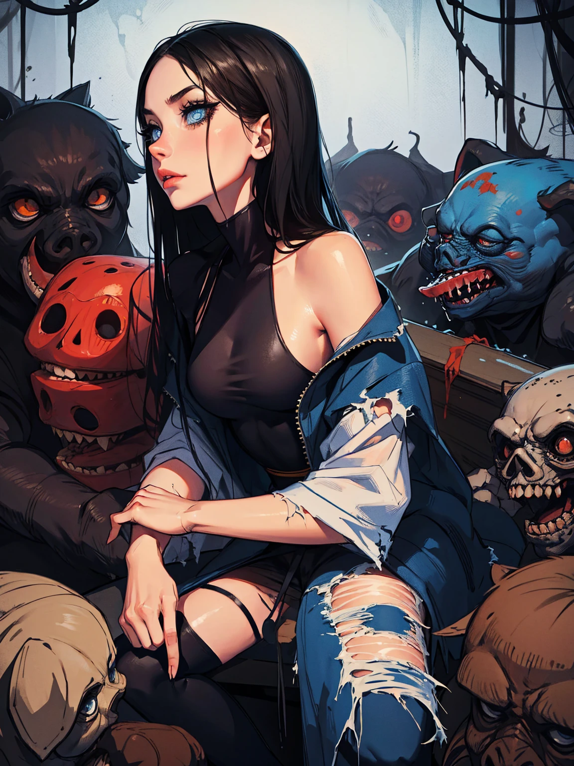 sexual girl, slutty, ugly man, multiple boys, gangbang, monster, horror, black hair, slender body, blue eyes, mascara, torn clothes