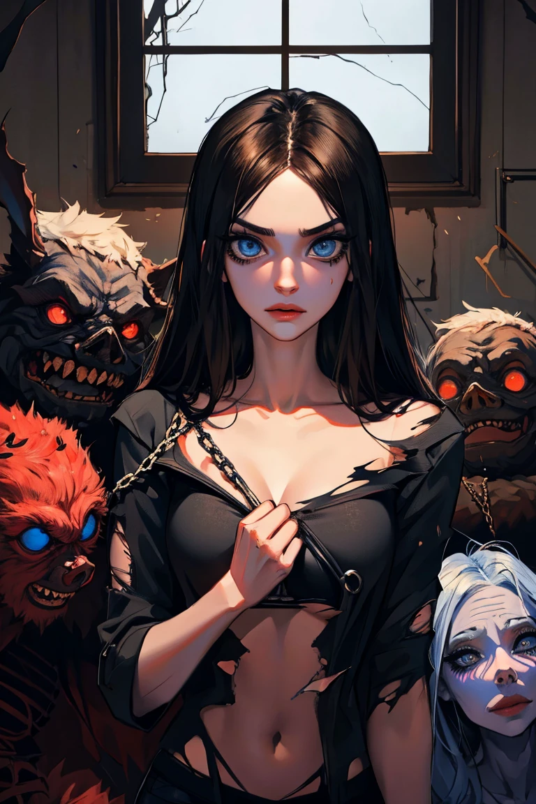 sexual girl, slutty, ugly man, multiple boys, gangbang, monster, horror, black hair, slender body, blue eyes, mascara, torn clothes,  ponytail, tan skin