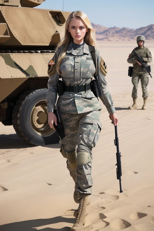 a photo of a hot S027_LindseyVonn, in a (desert:1.3), wearing a (camouflage_uniform:1.2), (sand:1.1), (8k, RAW photo, best quality, ultra high res, photorealistic, masterpiece, ultra-detailed, Unreal Engine)