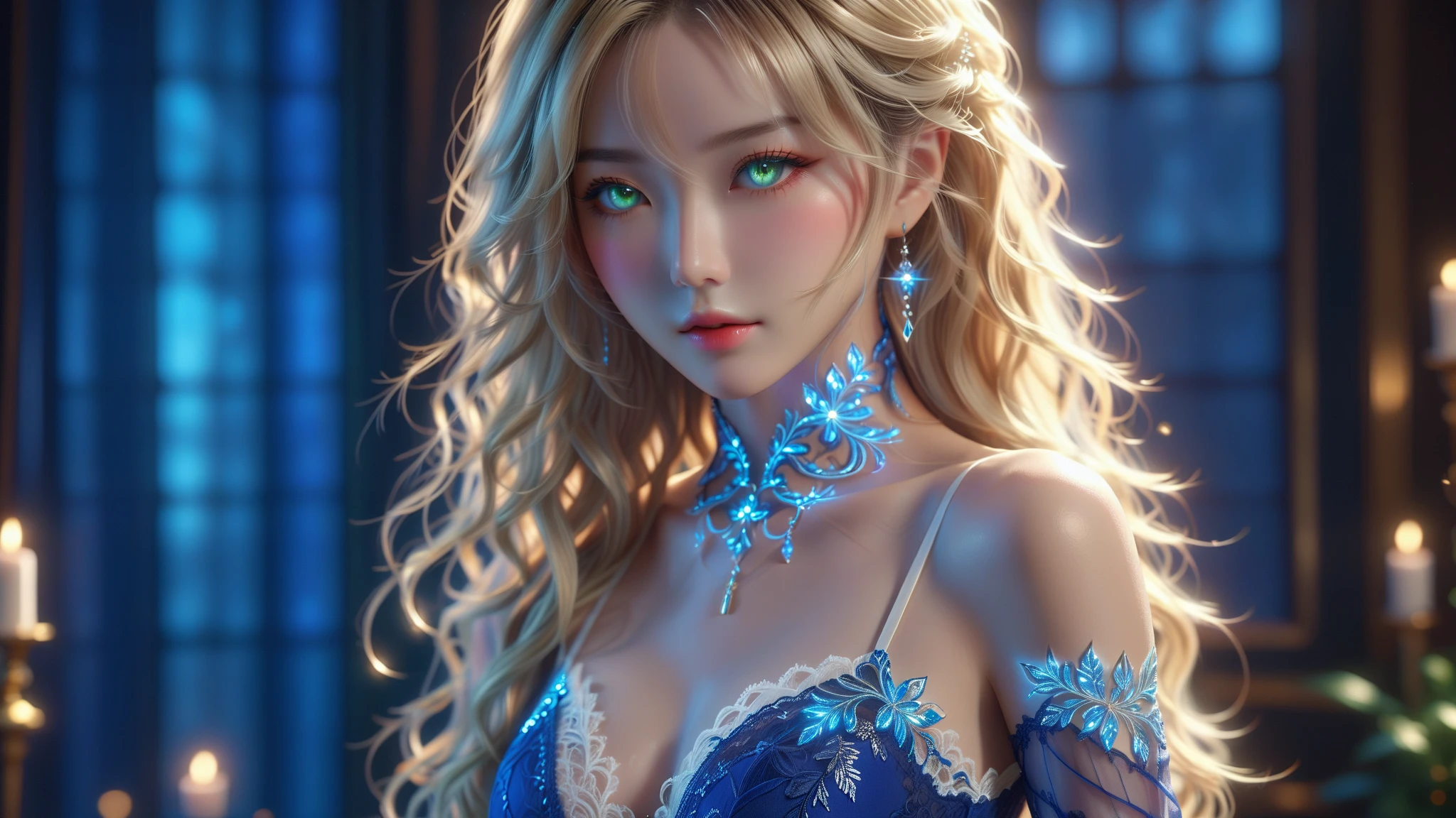 Best quality, masterpiece, high resolution, 1girl, clear silk porcelain dress, beautiful face, hair accessories, looking at the audience, smiling, close your mouth, lips, dress, hair accessories, necklaces, jewelry, long hair, earrings, beautiful face, on the body, Tindal effect, realism, dark studio, edge lighting, two-tone lighting, (high detail skin: 1.2), 8k UHD, DSLR, soft light, high quality, volumetric lighting, photo, high resolution 4K, 8k, blurred background