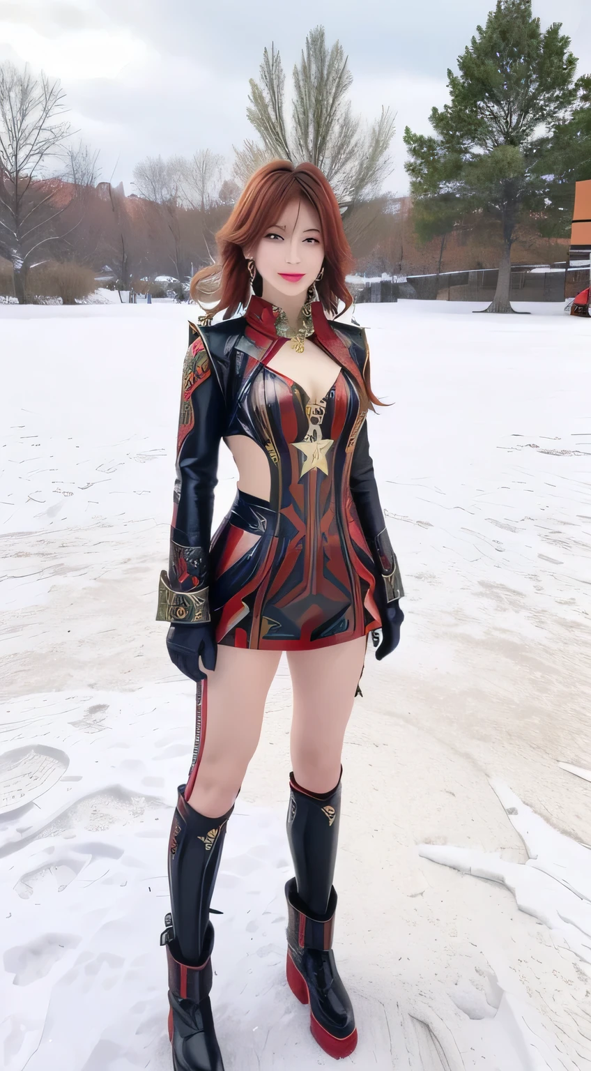 One girl, real photo, mavuika, genshin impact, wearing cristmast outfit, very detail, background snow