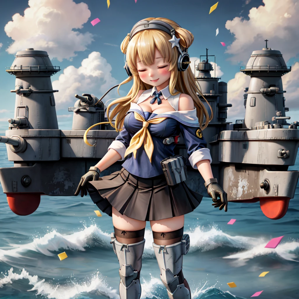 fletcher \(kancolle\), 1girl, skirt, breasts, headphones, blue shirt, thighhighs, solo, cleavage, gloves, shirt, double bun, yellow neckerchief, sailor collar, large breasts, off shoulder, black skirt, closed eyes, school uniform, pleated skirt, headphones around neck, serafuku, neckerchief, star \(symbol\), white sailor collar, machinery, smile, rigging, black gloves, sky, ocean, black thighhighs, cloud, shin guards, rudder footwear, outdoors, turret, cowboy shot, confetti, cannon, blush, standing, original, intricate detail, illustration, masterpiece, extremely detailed CG unity 8k wallpaper, highlight, sharpening, dynamic,  