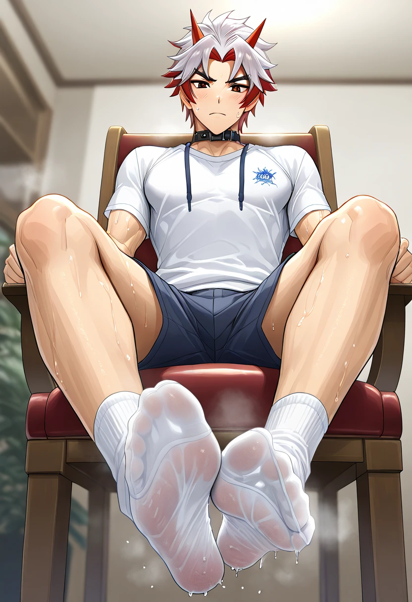 Aratakki Itto Boy white socked feet scrunching his sweaty soles sitting on chair white socks wet