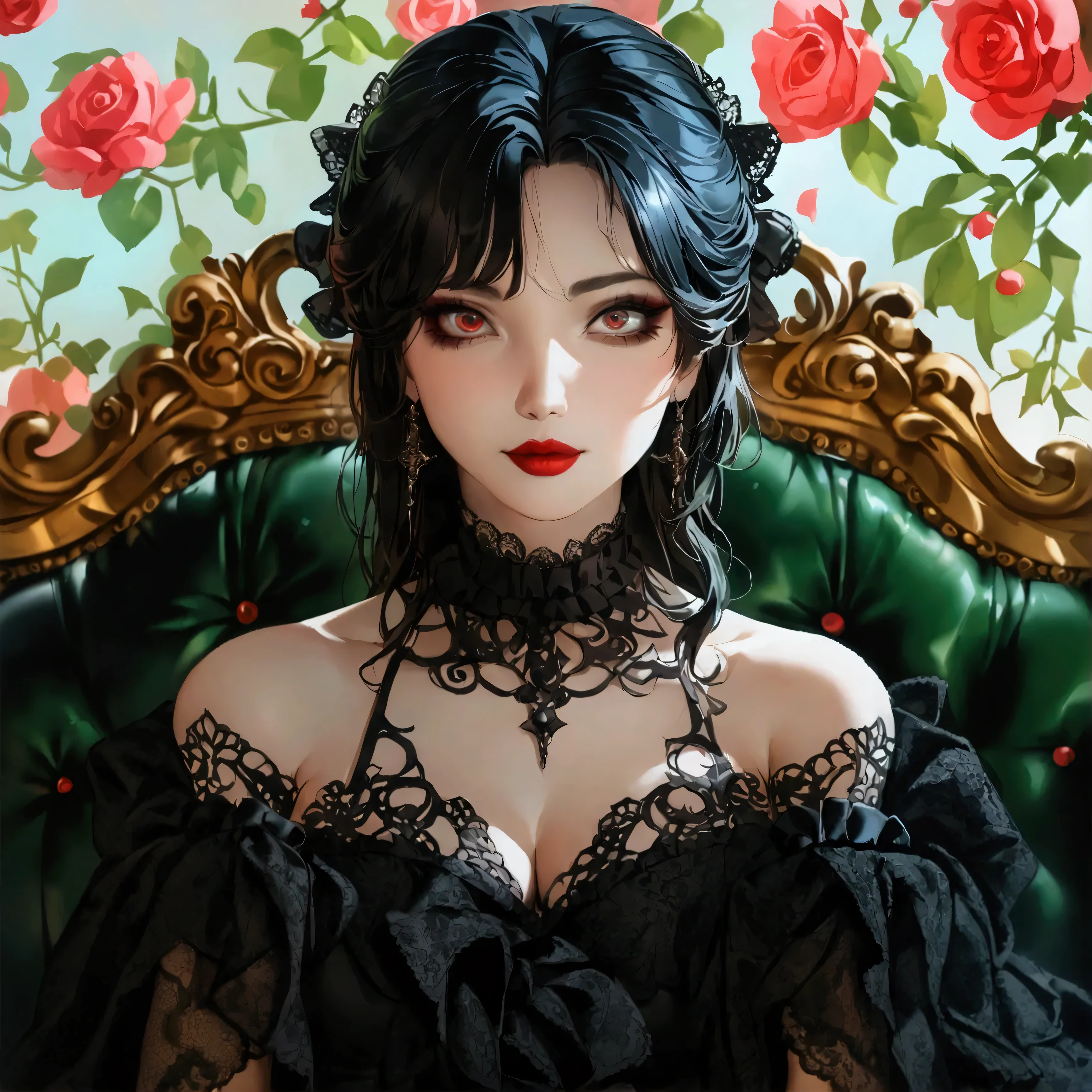  beautiful gothic ta girl sitting alone on a green sofa , A Girl and a Gothic Knight, sitting alone on a green sofa,  wearing black lace in a black dress,  Surreal,  high res,  extremely detailed,  most detailed,  red lips, baroque,  complicated,  cinematic lighting,   Dramatic Composition , Rich texture,  brightly colored ,  Photorealistic , "goth girl "  style for stilets，Heavy eye makeup,  odd-eye,  long eyelashes, Cheeky face, 