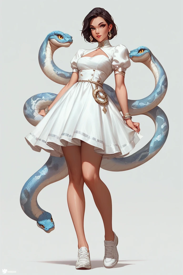 A girl，Wearing a dress with a snake-like logo，White shoes