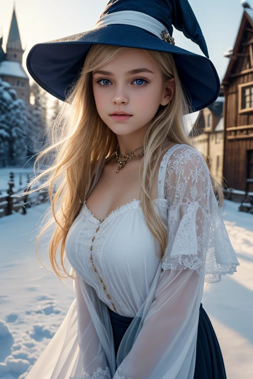 masterpiece.8k.bestquality.Realstic.detailed.ultra-detailed face.cuteeyes.hugebreasts. Wizard Girl、Blonde, bangs,  very long hair ,  blue eyes,  witch hat,  Background Blur,  medieval Europe、Snow Scene、 clear outline、 Smooth skin 、 white skin、White and blue clothes、 magic wand.fantasyworld.15yearoldgirl.magic. magic before the Ice Castle