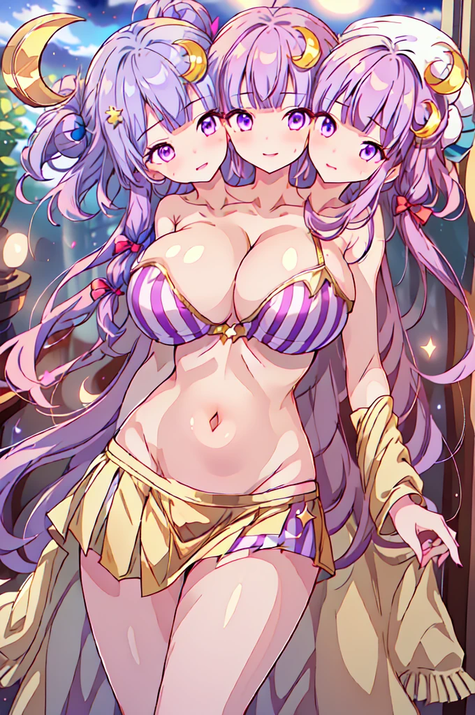 (masterpiece, best quality), best quality, (ultra-detailed), ((3heads:2.0)), 1girl, ((three headed girl:1.5)), (patchouli knowledge:1.3), masterpiece, best quality, (high quality), (high resolution), (best quality:1.5, highres, UHD), highres, absurdo, ultra detail, ultra quality, ultra resolution, purple top, crop top, ((stomach)), midriff, ((groin)), purple vertical striped skirt, normal ears, sweet smile, purple hair, (same hair color), very long hair, wavy hair, sidelocks, green eyes, parted lips, smiling, soft smile, sweet smile, gentle smile, cute, toned belly, hand on own chest, eyelashes, (2 woman:1.3), (masterpiece:1.5), (best quality:1.5), (beautiful detailed), extremely detailed CG, extremely delicate and beautiful, depth of field, (finely detailed face), (perfect details:1.3), (mature female:1.3), wide pelvis, slender, huge veiny breast, 16k resolution, high quality, high definition, extremely detailed, masterpiece, purple hair, long hair, alluring presence, (wearing a night-cap with a gold crescent moon on it:1.5), short skirt, close up, (very big breasts:1.5), very huge breasts, young, hat ornament, crescent hat ornament, crescent, hair bow, hat bow, bow, open belly, nsfw, girl with three heads, three headed girl,
