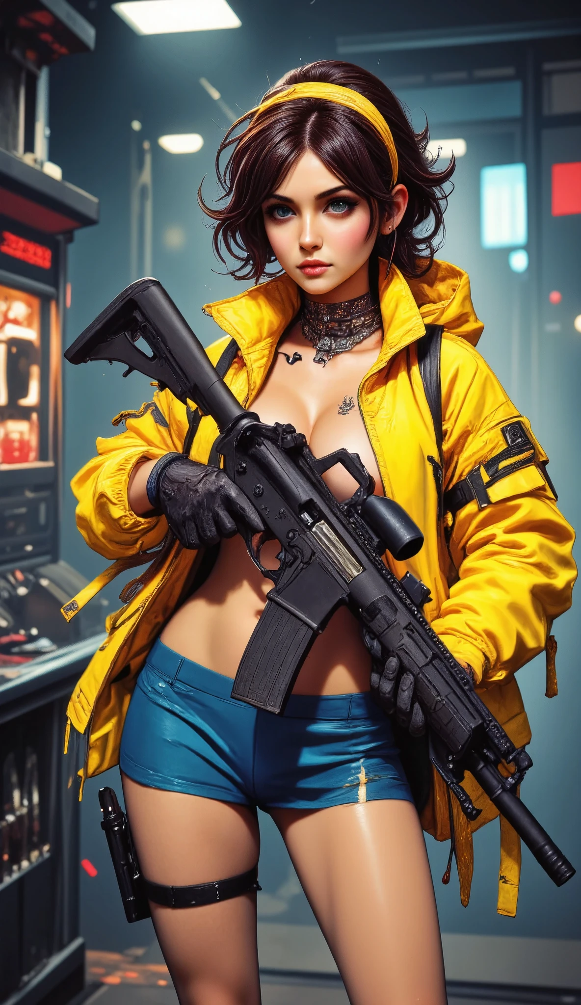 Unreal Engine:1.4,CG ultra realistic 64K, photorealistic :1.4,  Skin texture :1.4,  masterpiece:1.4, posing behind Beautiful woman holding gun, ak-47, assault rifle, Kalashnikov rifle, activator_Discipline, Go down with lingerie babydoll 、Ropa corta estilo cyberpunk color amarillo, pantimedias red , Blue mini skirt,