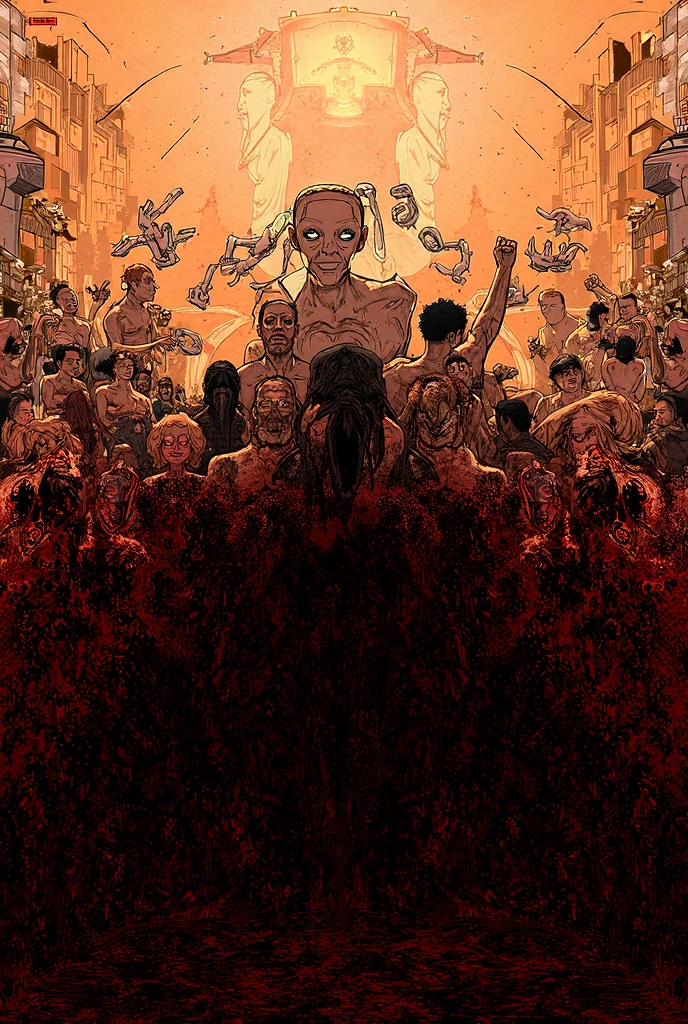 Make a poster slogan about Preventing spread of misinformation and disinformation. I want it like a half body man with no clothes in the middle having people around him spreading misinformation and disinformation and him breaking the chain. I want red colors, chains and hands covering his eyes... Make a powerful slogan about him breaking the spread of misinformation and disinformation. Put some words saying stop misinformation and disinformation. And the people around him should be saying fake news