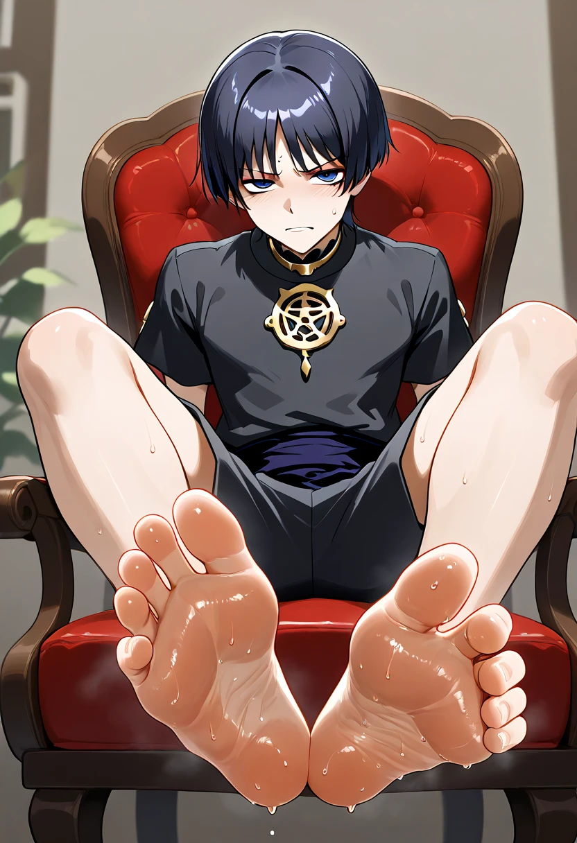 Scaramouche Inazuma Boy feet scrunching his sweaty soles sitting on chair