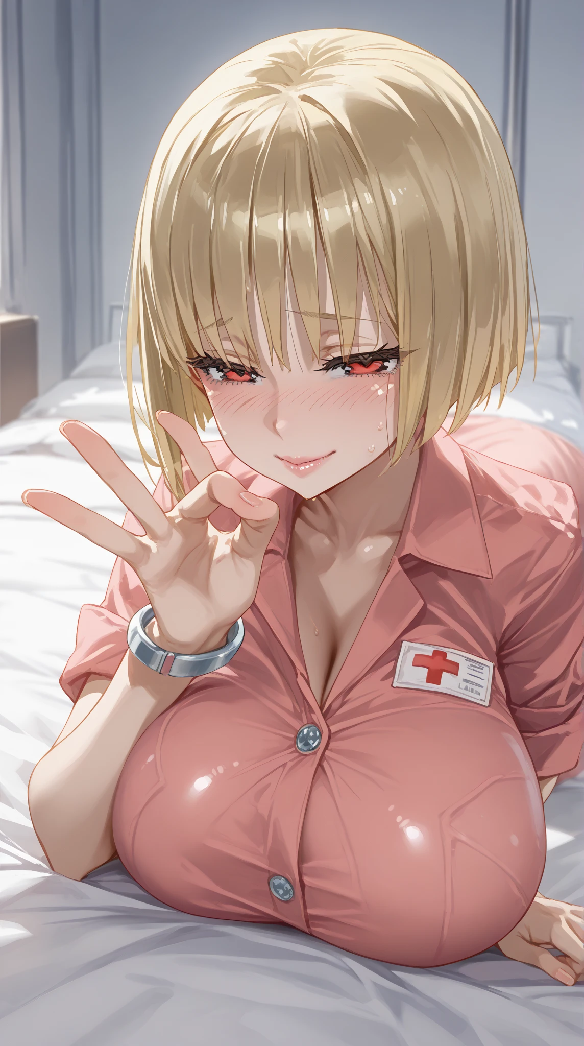 (masterpiece, best quality), 1girl,
BREAK blush, naughty face, nervous smile,(half-closed eyes:1.1),
BREAK girl, 10yo, loli, huge breasts, (blonde hair, (short hair):1.3), pixie cut, red eyes, (oily skin, shiny skin), Thick lips 、(Beautiful skin tone), heart neckless,
BREAK latex sexy nurse uniform, button gap, sleeves rolled up, bracelet, (dark tone スキンカラー、full body shot),
Break cleavage、口を大きく開けて舌を出す、
BREAK on a bed in a dim hospital room, (penetration gesture:1.4),