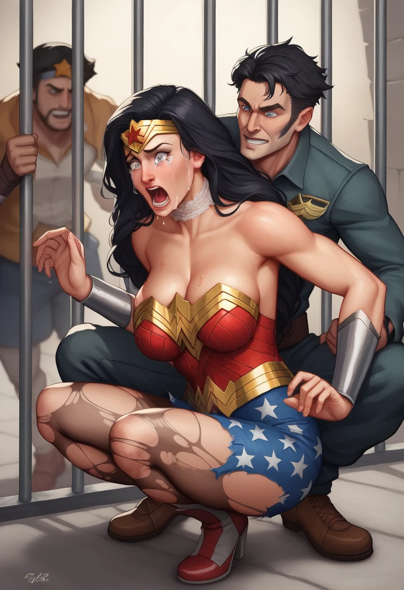 (((SUPERHEROINE WONDER WOMAN esta vestindo como uma mendiga suja de rua, uma vagabunda rasgada e suja, gorda e suada))), ((WONDER WOMAN IS HANDCUFFED IN THE BACK SEAT OF THE POLICE CAR))), ((estuprada, surrada, humilhada, derrotada)) ,((SUPERHEROINE mulher maravilha IS A FILTHY OLD WHORE)), ((emotional expression,expression of pain and despair, gritando de dor, expression of suffering, olhos arregalados, maravilha, Wonder is squatting, On your toes), (She's crying a loa tem cabelo preto, ela tem cabelo longo)), ((Ela usa um COLEIRA DE CACHORRO,in the neck), (obra-prima, melhor qualidade) 1.5, 1 garota, sozinho, (sensual, mulher bonita, rosto perfeito, olhos perfeitos), corpo inteiro. tears running down your face)), ((Mulher Maravilha, arms tied behind the back, Shibari, painful restraint by ropes), (((emotional expression,expression of pain and despair, gritando de dor, expression of suffering, olhos arregalados, expression of fear))).