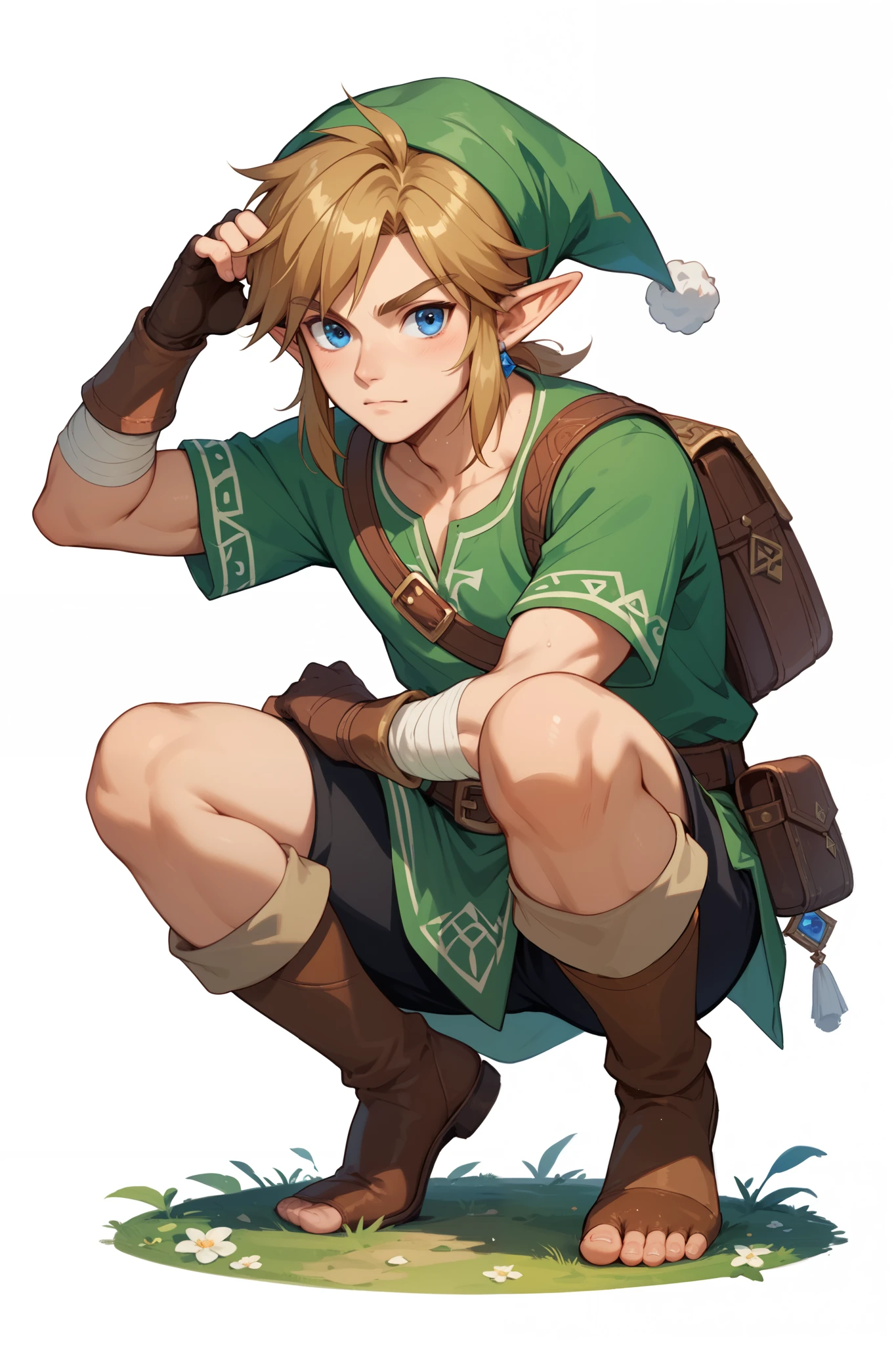 link　 The Legend of Zelda 　Put your whole body from head to toe　A cute young woman who also wears a hat 　 has a white background　Cool appearance　male　 decision pose　 squats