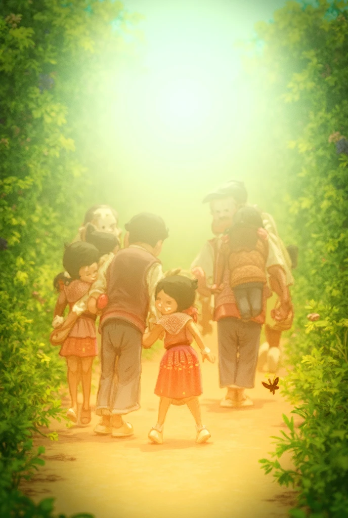 Create an illustration of a complex family dynamic with three children in a style similar to Princess Mononoke. Show a middle child, an older sister, and a younger sister who survived a serious medical condition. The younger sister appears detached and isolated, with a faint, ethereal aura. The background should depict a sense of familial tension and unspoken conflict.