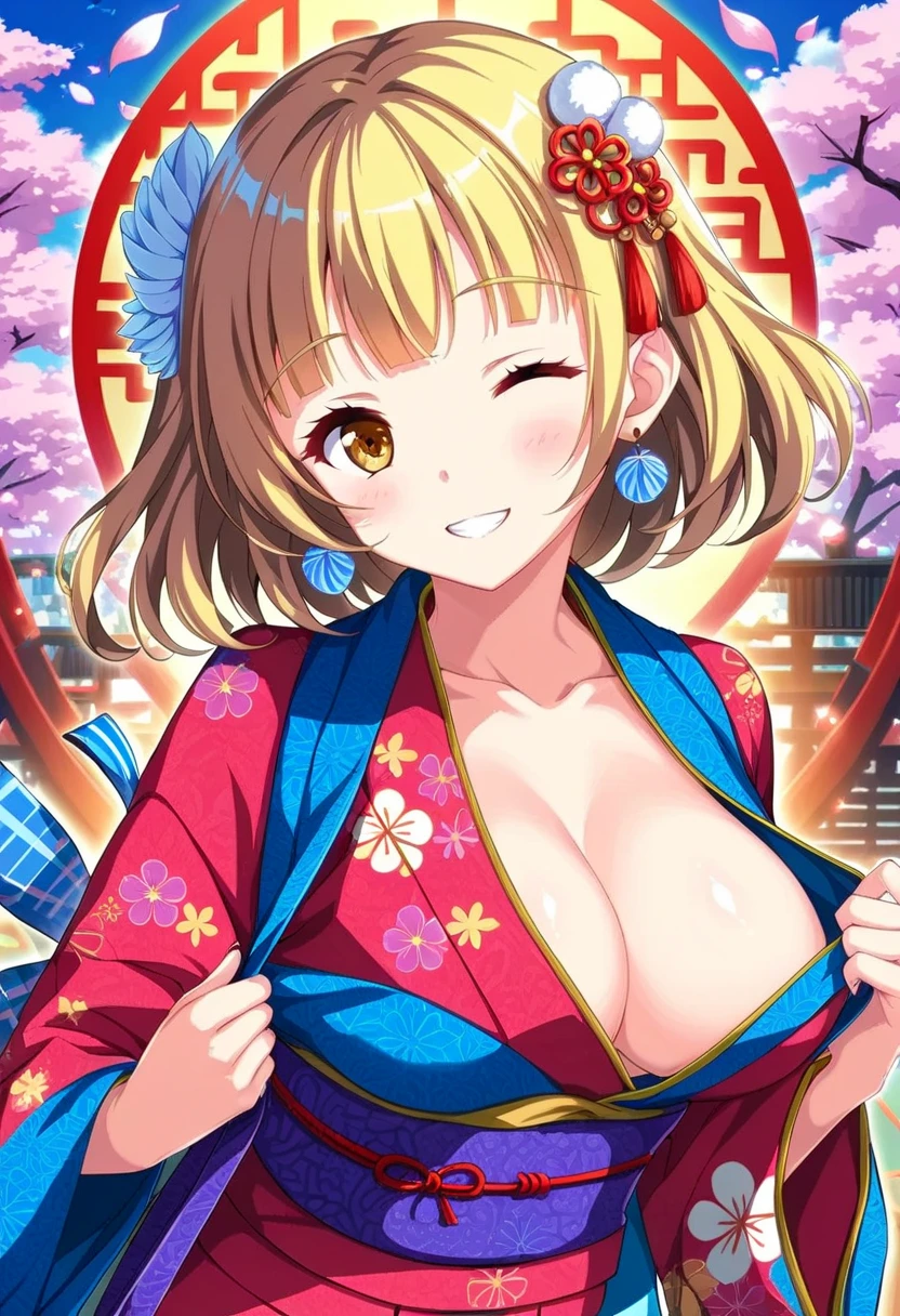 1Girl, yuki mio,blonde, smile, kimono, one eye close, A luxurious kimono with intricate gold and silver embroidery, vibrant colors, and traditional patterns, perfect for New Year’s celebration.
A splendid kimono adorned with floral motifs, rich textures, and elegant designs, ideal for a festive New Year’s occasion.
A magnificent kimono featuring bold colors, detailed embroidery, and auspicious symbols, designed for a grand New Year’s celebration., portrait