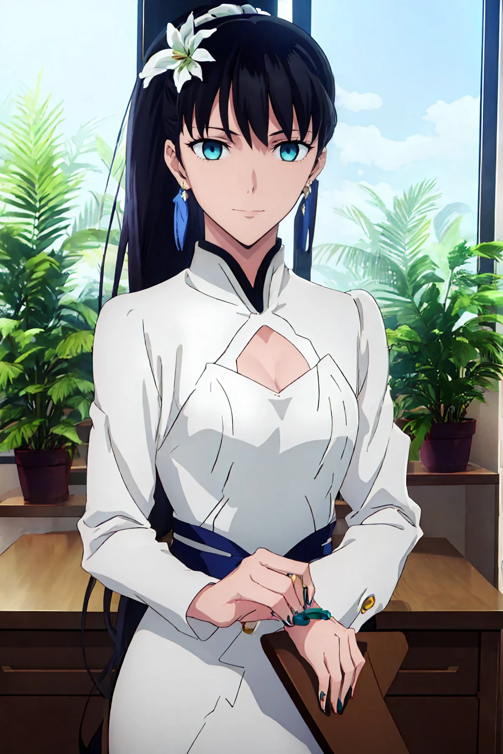  One Girl ,Thorntail （Fate）, long hair , black hair,bangs, earrings for women with first name, jewelry,smile,, ponytail, blue eyes, green eyes, hair ornament, hair flower, Ufotable style,night,indoor,window, Viewer Target