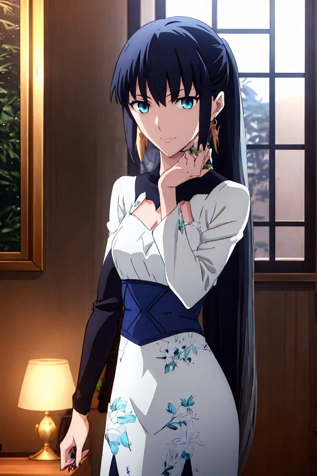  One Girl ,Thorntail （Fate）, long hair , black hair,bangs, earrings for women with first name, jewelry,smile,, ponytail, blue eyes, green eyes, hair ornament, hair flower, Ufotable style,night,indoor,window, Viewer Target