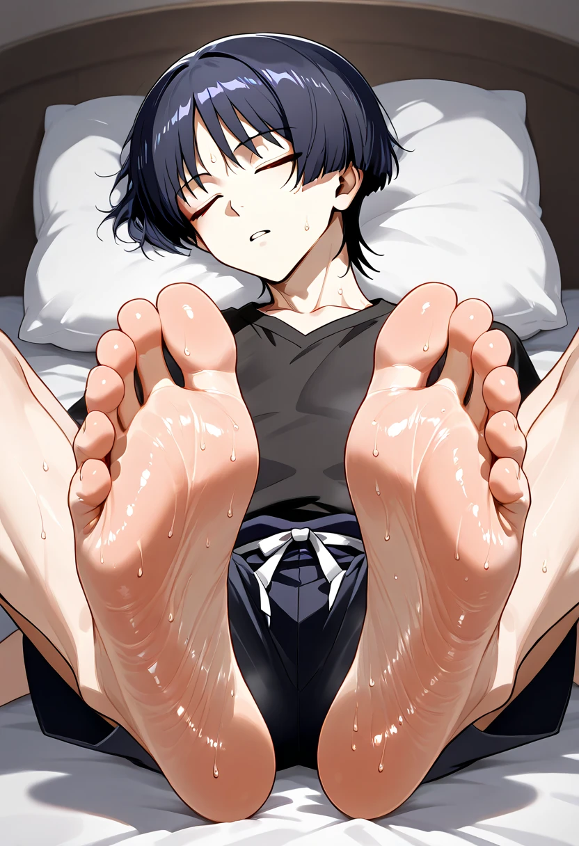 Scaramouche Inazuma Boy feet scrunching his sweaty soles sleeping in bed, opened legs