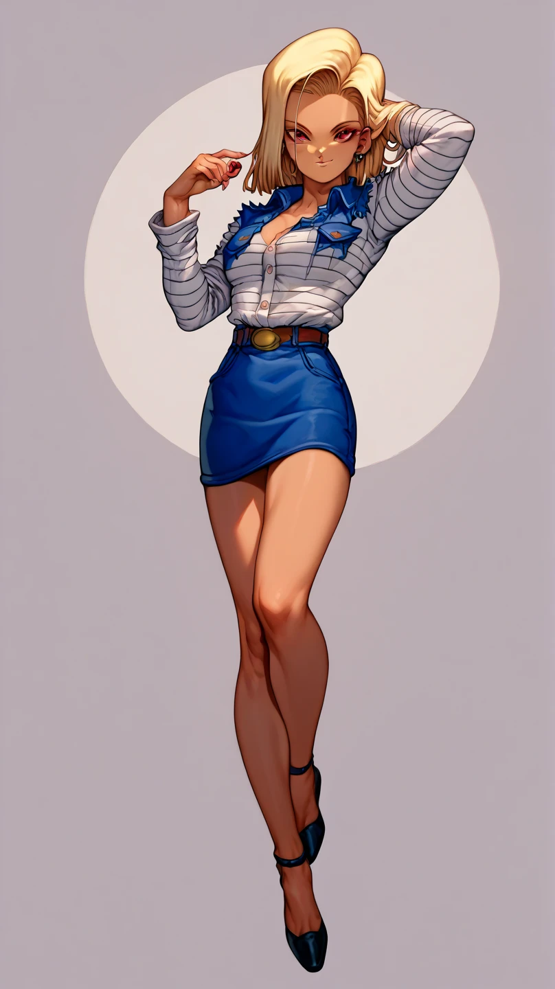 1 , Alone,  Long hair,  looking at the viewer , Android 18,  tan latin skin,  full body , sexy, breasts, top and short short ,  red eye . Mostando a barriga, pose provocativa.