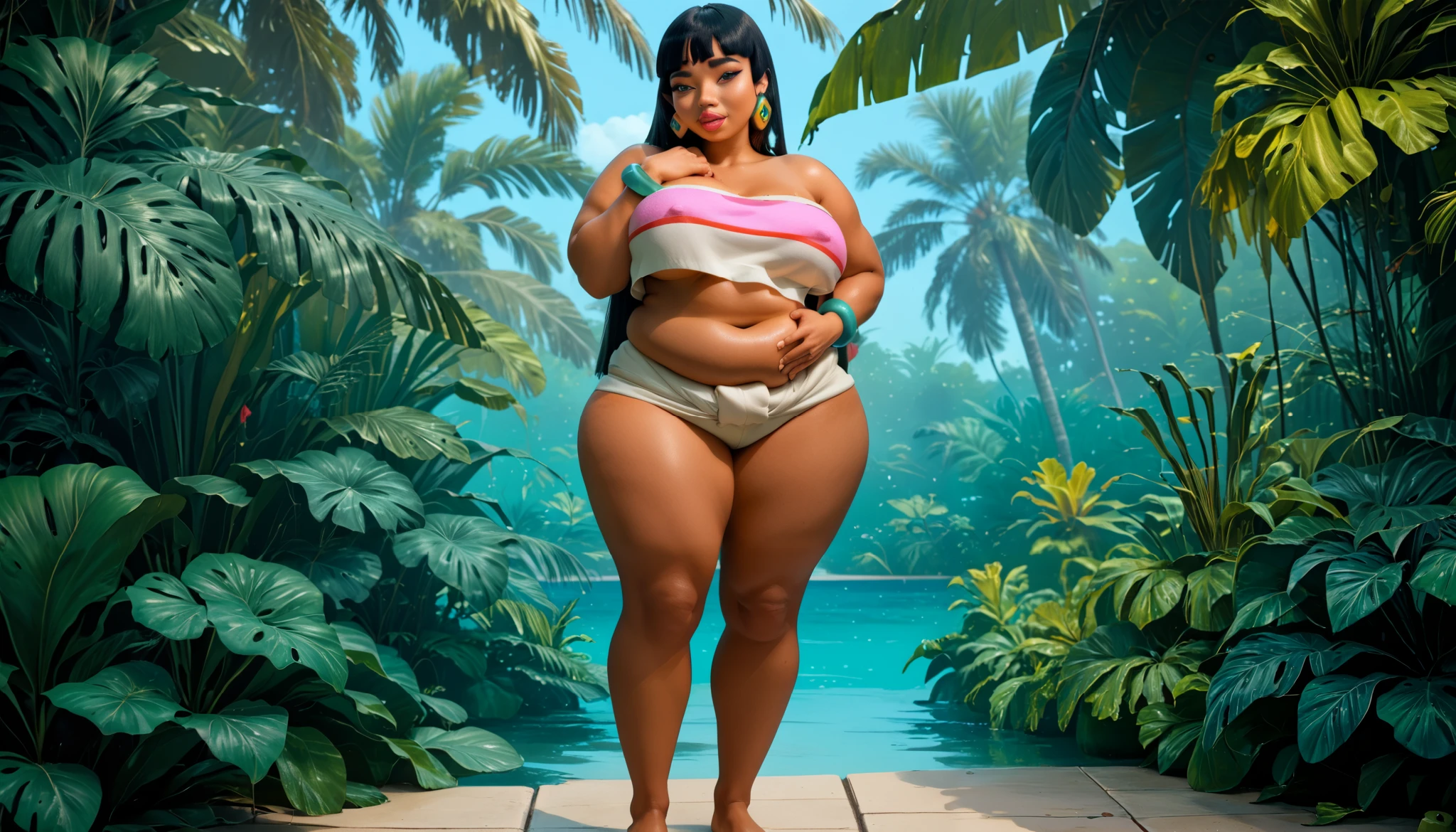 best quality, high rating, (Chel, El Dorado), ((brown skin)), (LOOKING AT VIEWER), brown eyes, full coral pink lips and long, straight thigh-length black hair with flat bangs and sideburns that go partially down ears, non-prominent nose, off-white tube top with a thin red stripe below the thick pink stripe, turquoise bracelets on both wrists, perfect anatomy, good hands, two hands, two arms, two legs, two breasts, one belly, one belly navel, two eyes, one nose, two ears, one mouth, five fingers on each hands, correct face proportions, correct body proportions, voluptuous hips and thick thighs, fat breasts, huge love_handles, fat love_handles, panting, elpacha2(artist), ((jungle background:1.0)), overweight, (chubby body:1.8), (TIME SET NIGHT on background), taut_clothes, big stuffed belly, tired, panting, 8k, hot and bothered, standing, hand_on_hip, hand_on_own_stomach, (fat_girl anatomy), correct fat_girl anatomy, ((MASSIVE BREASTS))