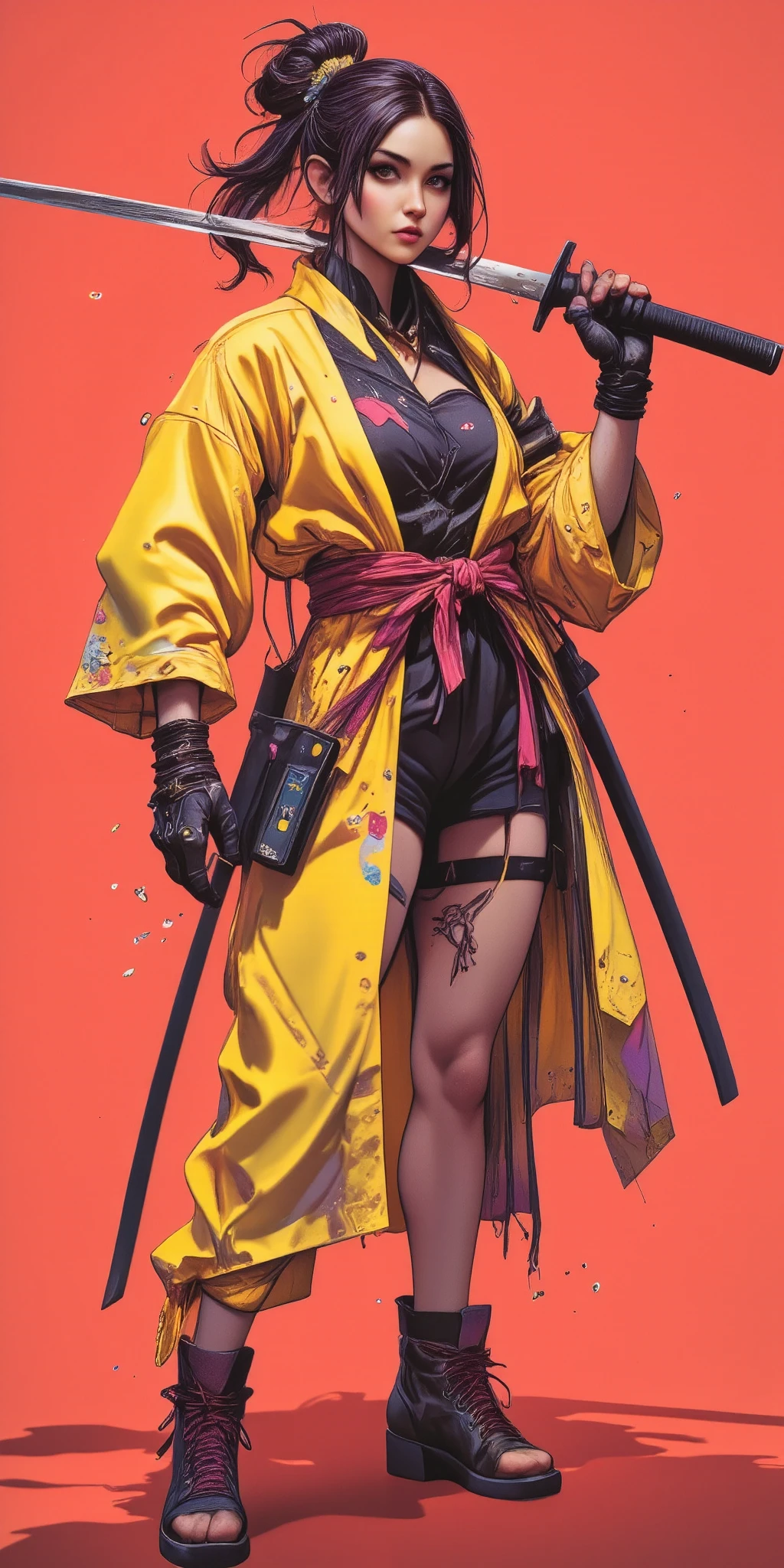  A girl in a concept character art wearing a mixed Japanese Ronin outfit and techno-modern aesthetic. ( best quality, 4k, 8K, highres,  masterpiece:1.2), ultra-detallado, ( realistic , photo realistic , photo- realistic :1.37), Japanese Ronin clothing , futuristic techwear,  detailed facial features ,  dynamic postures ,  intense expression , katana, cyberpunk background,  neon lights,  melancholic atmosphere ,  Riot Games art style ,  vibrant colors ,  stylized representation ,   intricate details  ,  professional artwork , Traditional elements, modern touch.