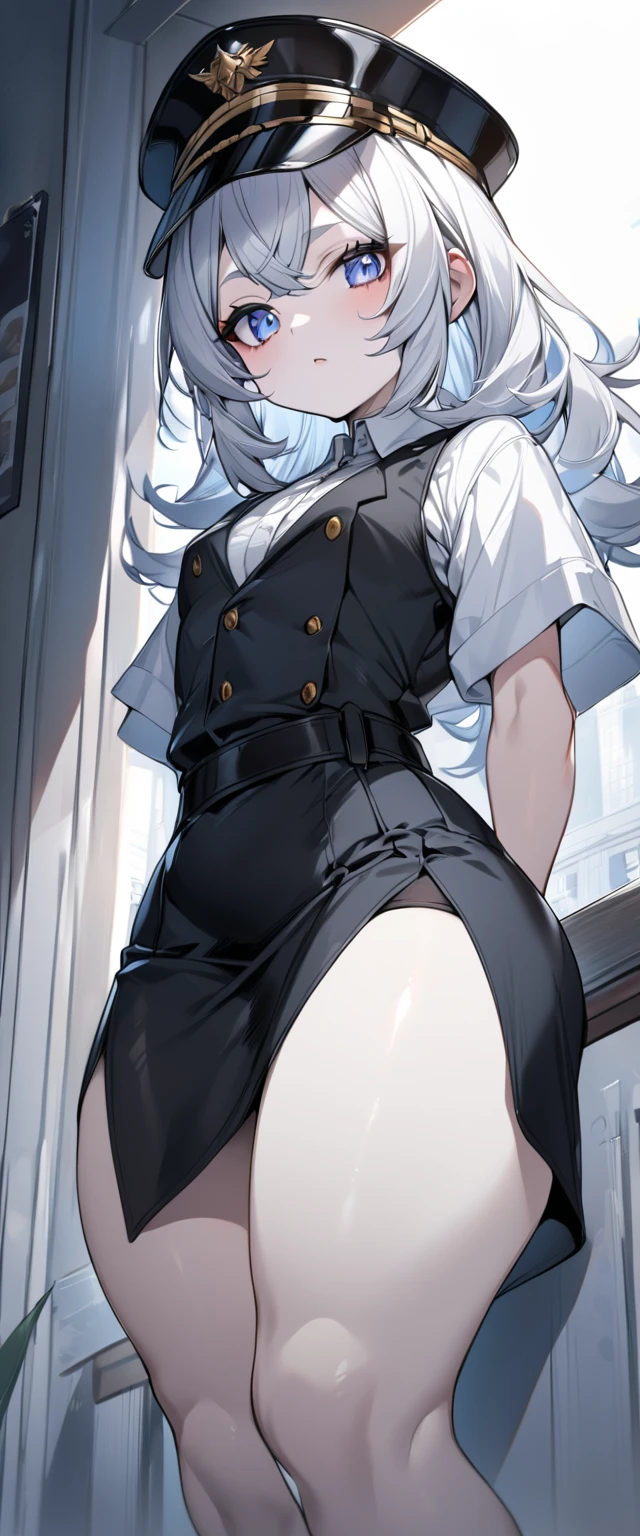 masterpiece, absurdres , 1girl, hairclip, black necktie,collared shirt, white shirt,garter straps , garter belt, black panties, pointing, hand on hip,frown,leaning forward, smirk,locker room, blue lips color