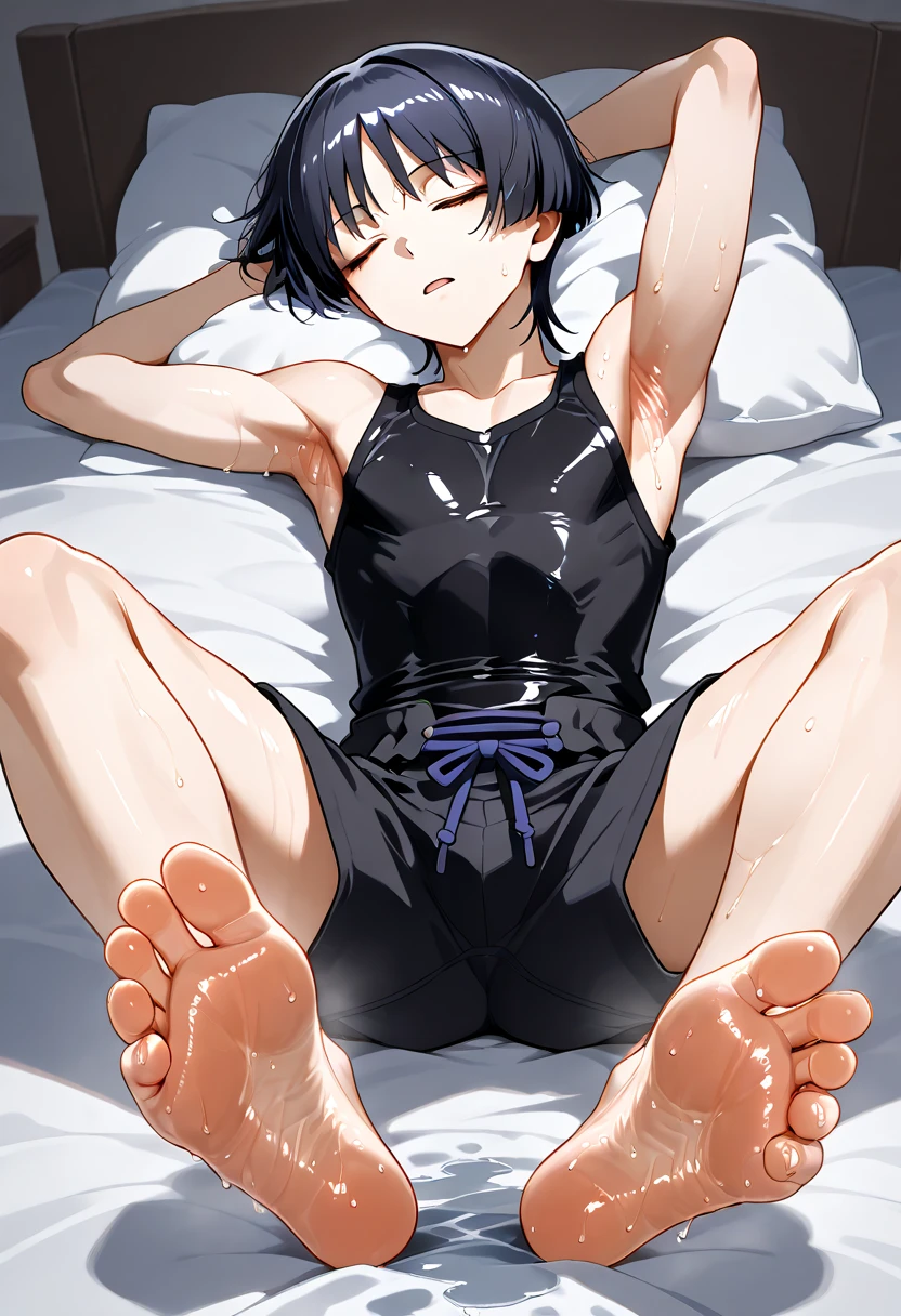 Scaramouche Inazuma Boy feet scrunching his sweaty soles sleeping in bed, opened legs showing wet armpit