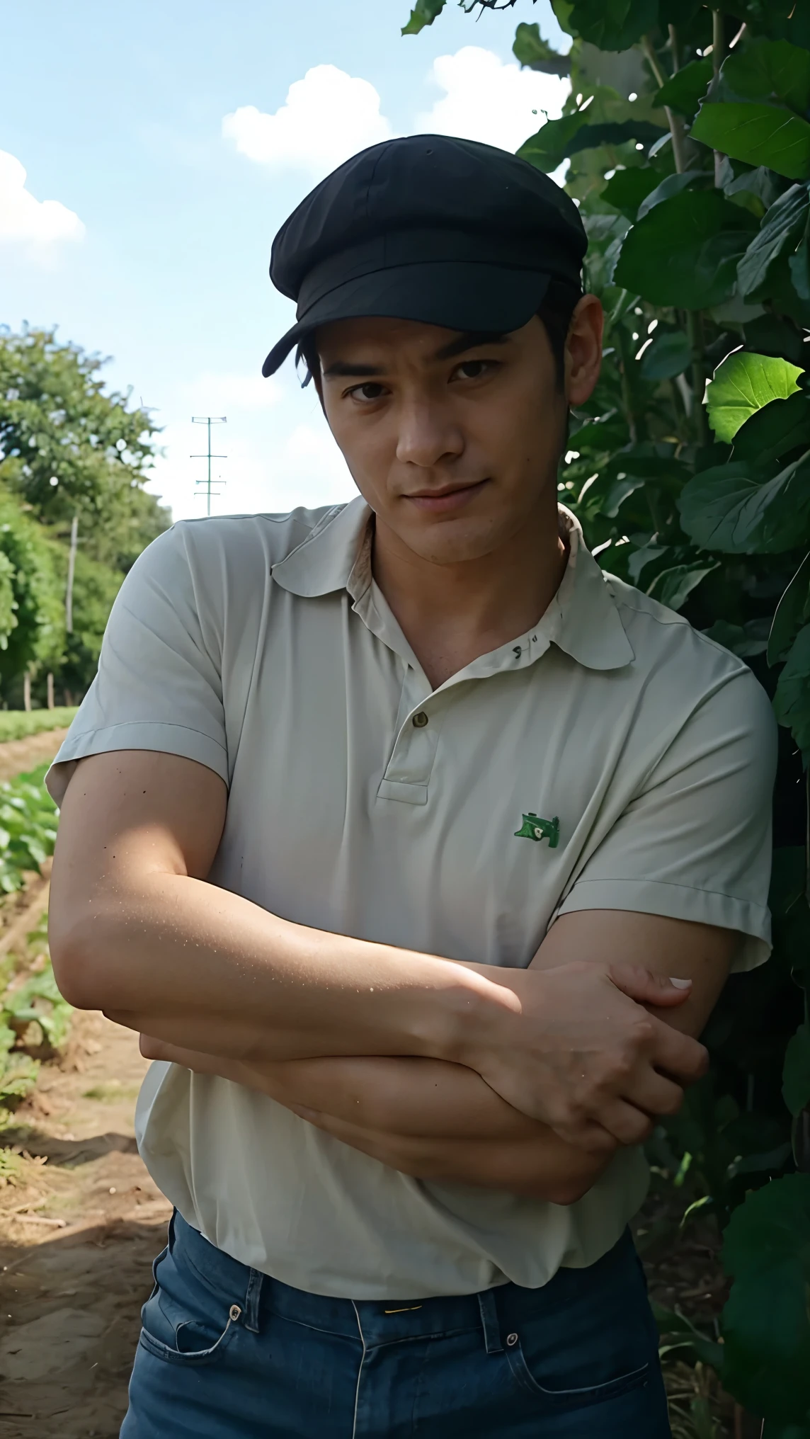A farmer huging cucumber short hair, wearing cap
