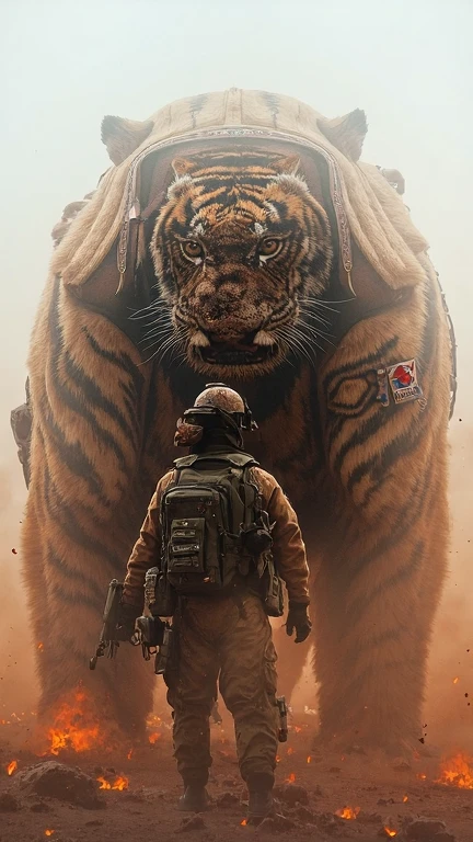 South Korea (Tiger):
A South Korean soldier in tactical gear alongside a giant armored tiger. The tiger’s striped armor features a small South Korean flag on its shoulder. The battlefield is vibrant with fiery embers and smoky skies. 4K resolution --ar 9:16.