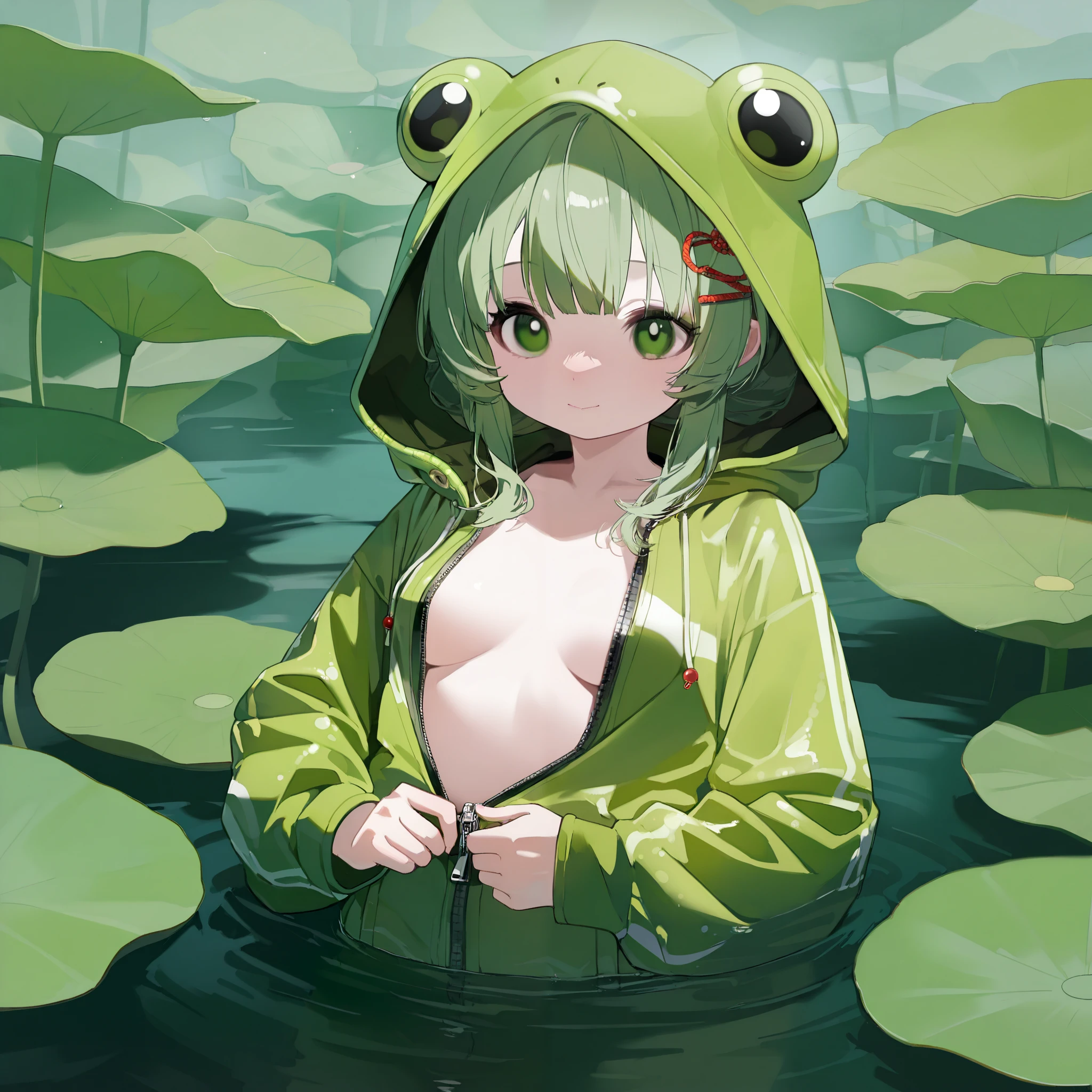 masterpiece, super details, best quality, froggirl, froggy, nude, green skin, all fours, ennui, soaking wet, sticky, (rainy, dark sky), frog