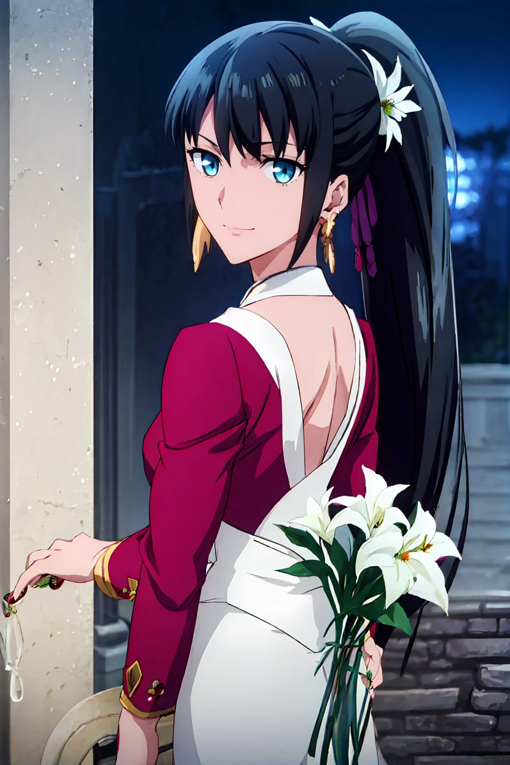  One Girl ,Thorntail （Fate）,Jinke , long hair , black hair,bangs, earrings for women with first name, jewelry,smile, ponytail, blue eyes, green eyes, hair ornament, hair flower　　 Ufotable style,night, Viewer Target