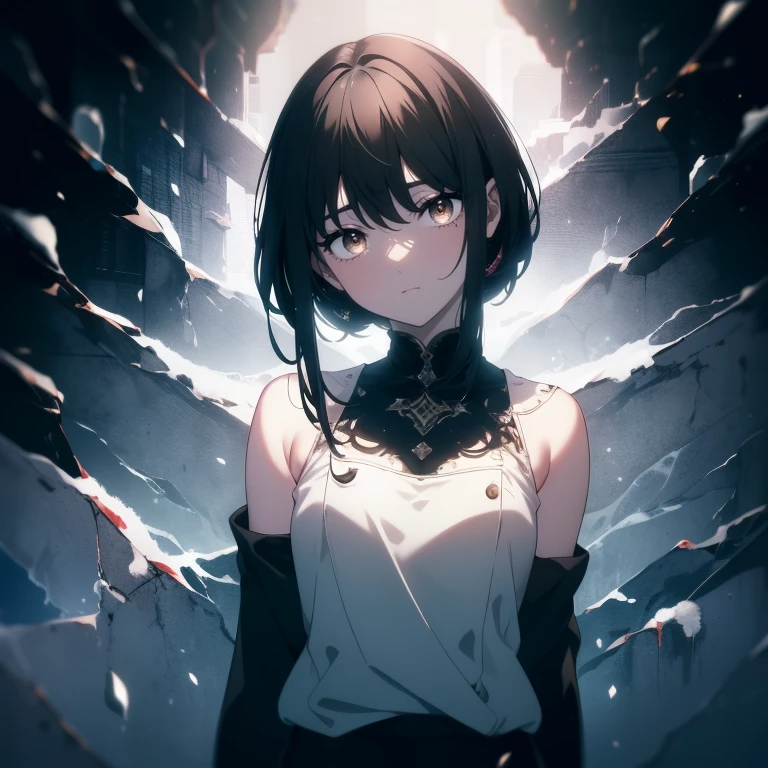 anime beautiful girl , short hair, shoulder length hair, black hair, wearing white shirt, black mini pants, dark and gloomy, yellow topaz eyes, high res, ultrasharp, 8K, masterpiece,tired eyes, semi realistic,artwork in the style of guweiz, virtual space black background