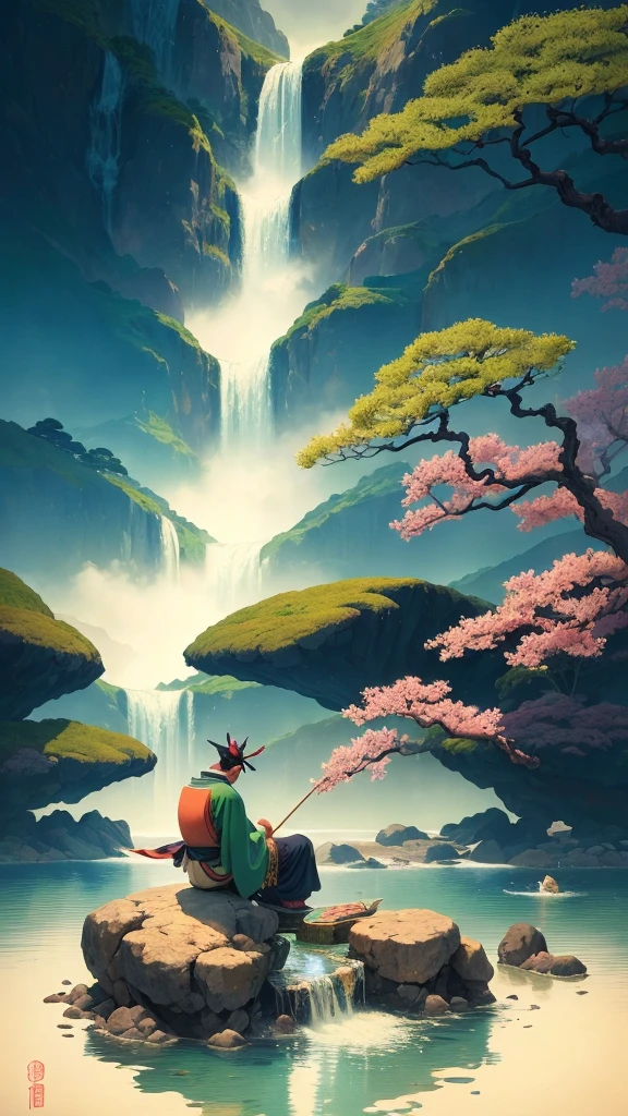 ( high quality masterpiece )  man sitting on rock fishing in front of a beautiful waterfall, habuki man , Tree branches, plants, rocks, Ukiyoe, kabuki ( Beautiful composition ) ((hdr)) ((8K)) ((Ultra defined)) ((kabuki, Ukiyoe,  illustration))